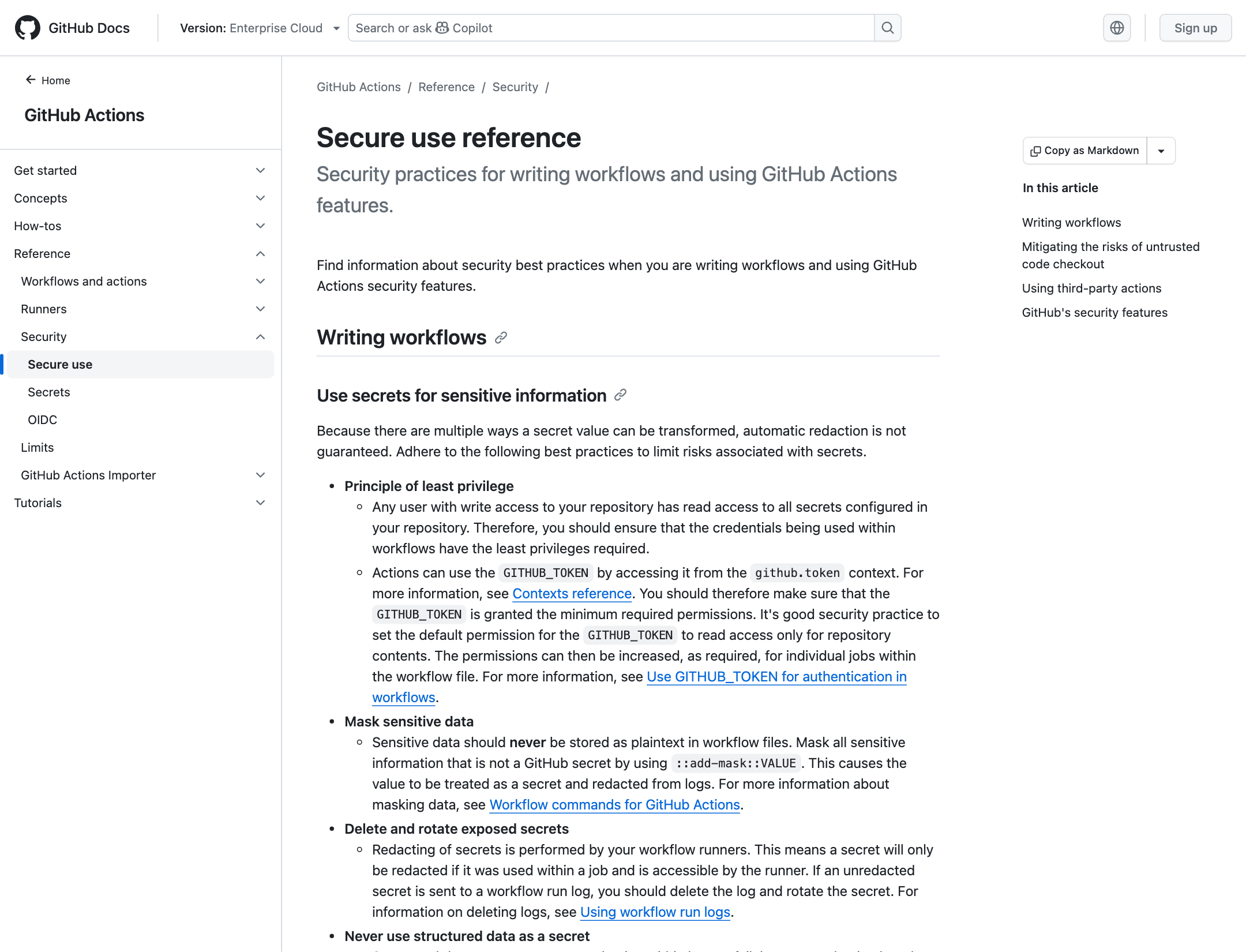 GitHub Actions Secure use 공식 문서 화면