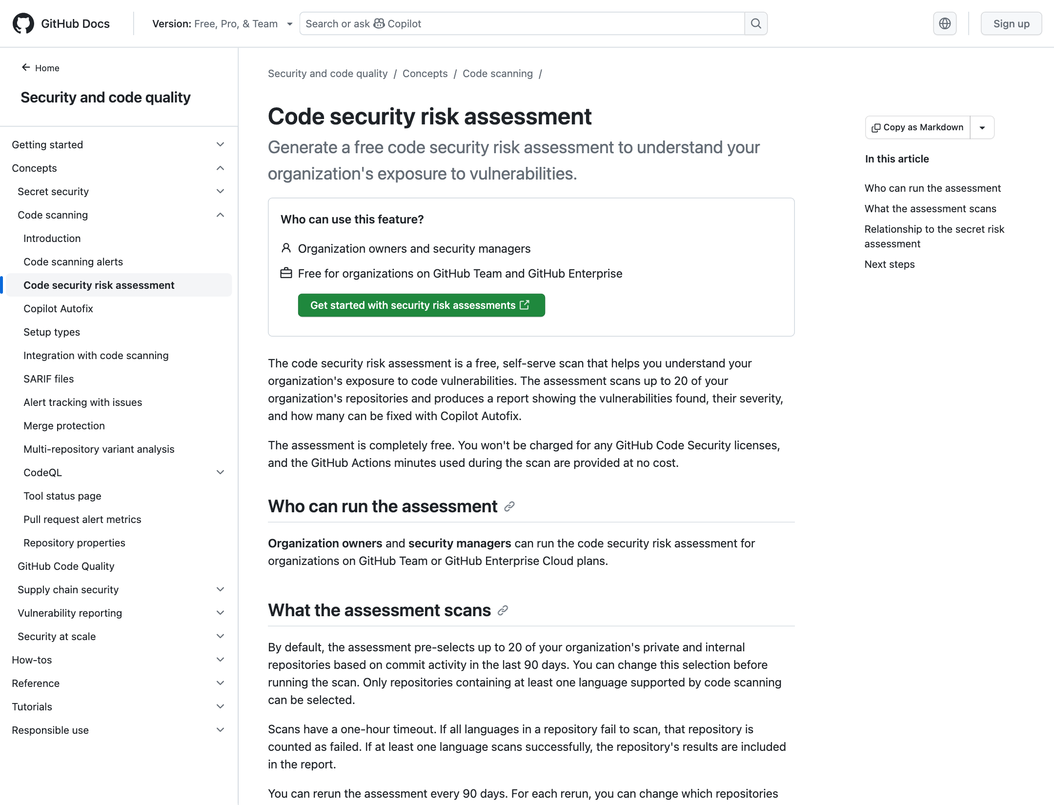 GitHub Docs의 Code Security Risk Assessment 공식 문서 화면