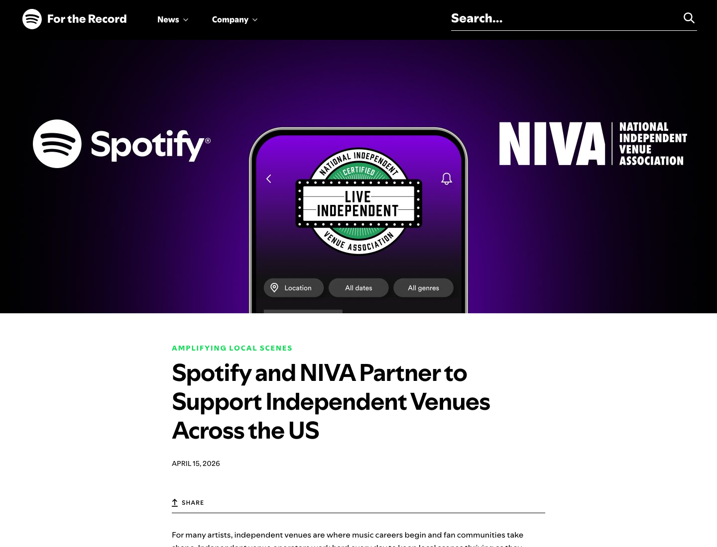 Spotify가 NIVA와 독립 공연장 지원 파트너십을 발표한 공식 뉴스룸 화면