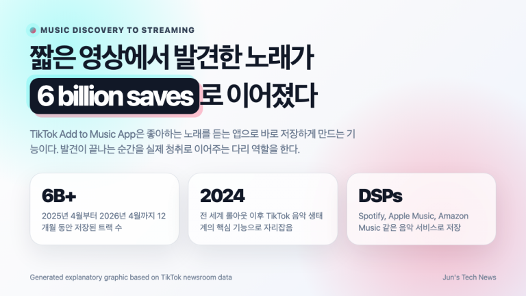 TikTok Add to Music App이 12개월 동안 60억 건 넘는 트랙 저장을 만들었다는 흐름을 설명한 인포그래픽