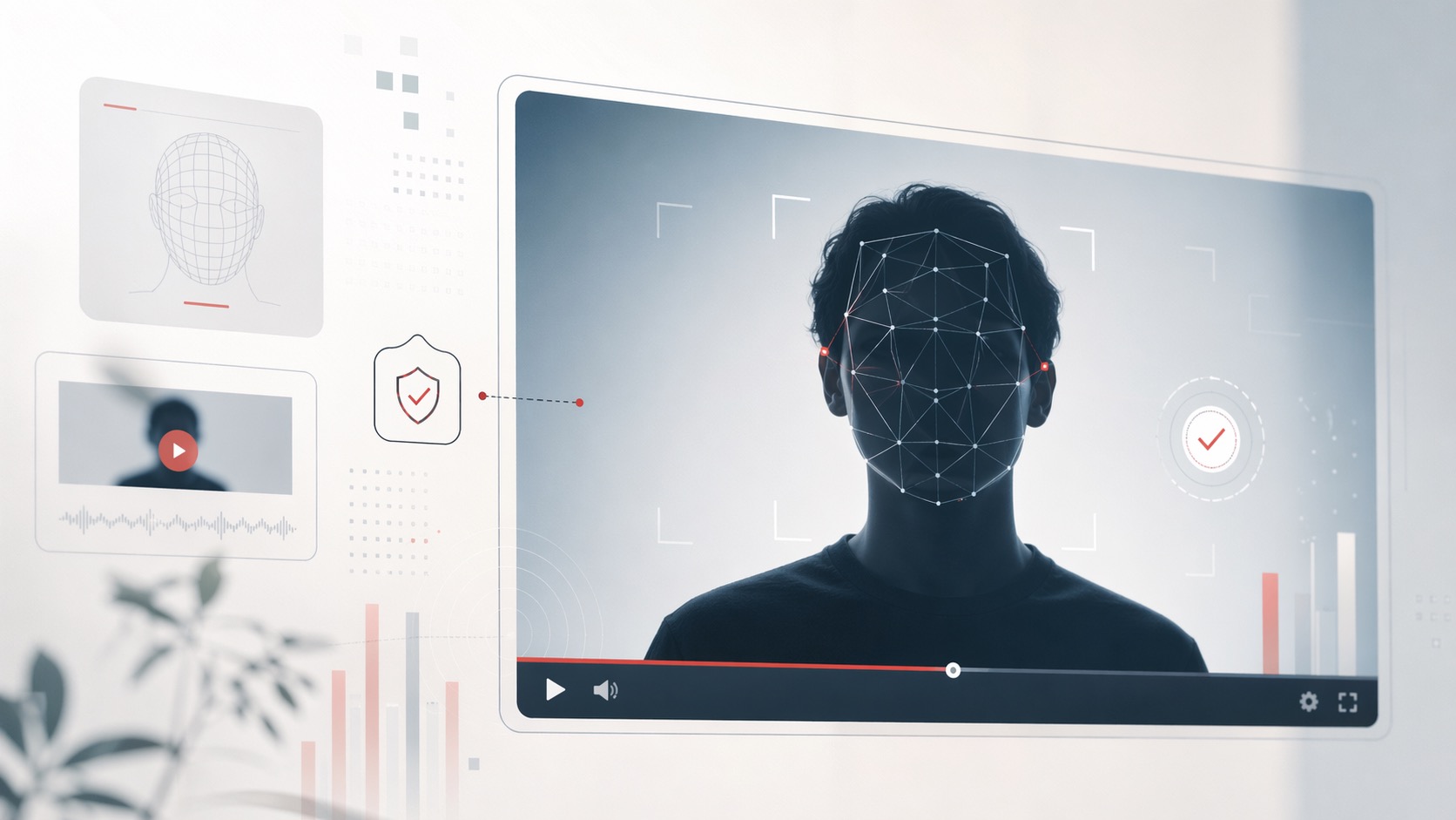 YouTube likeness detection 개념을 설명하는 AI 딥페이크 얼굴 탐지 일러스트