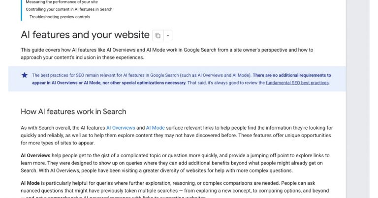 Google Search Central의 AI features and your website 공식 문서 화면