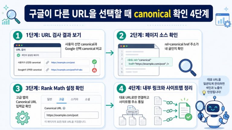 구글이 다른 URL을 선택할 때 워드프레스 canonical을 확인하는 4단계 인포그래픽
