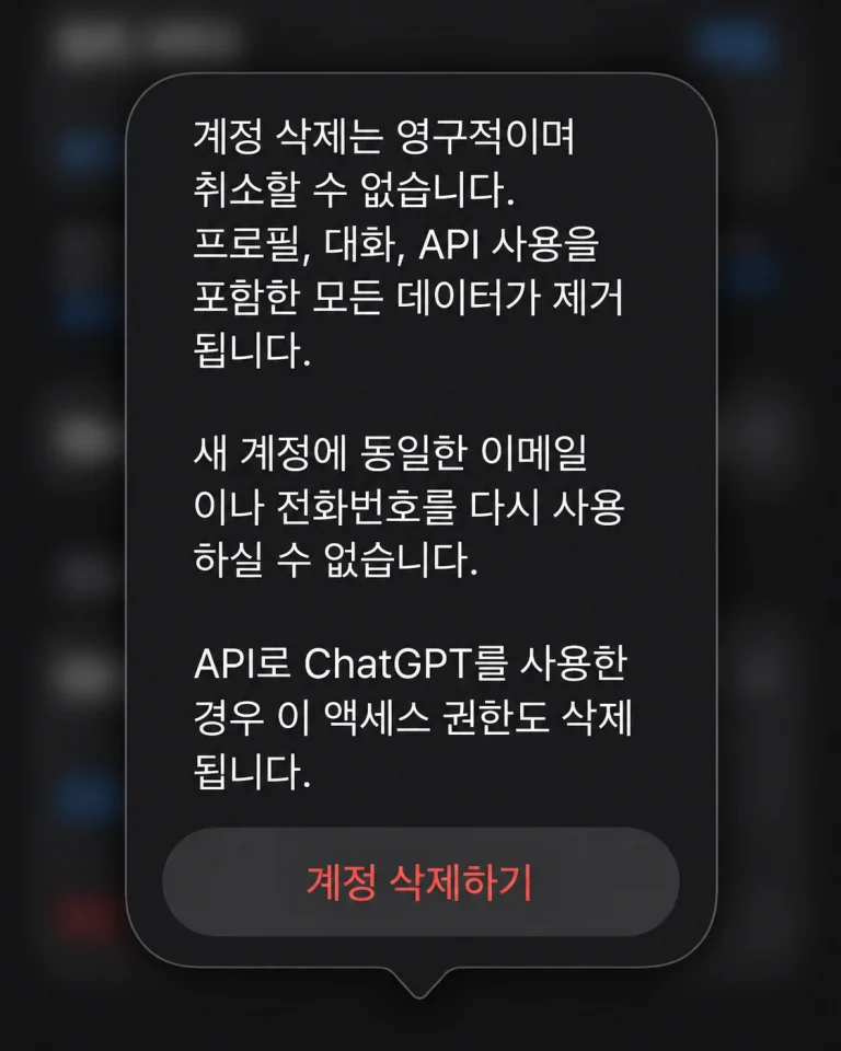 아이폰 ChatGPT 계정 삭제 확인창에 영구 삭제와 이메일·전화번호 재사용 제한이 표시된 화면