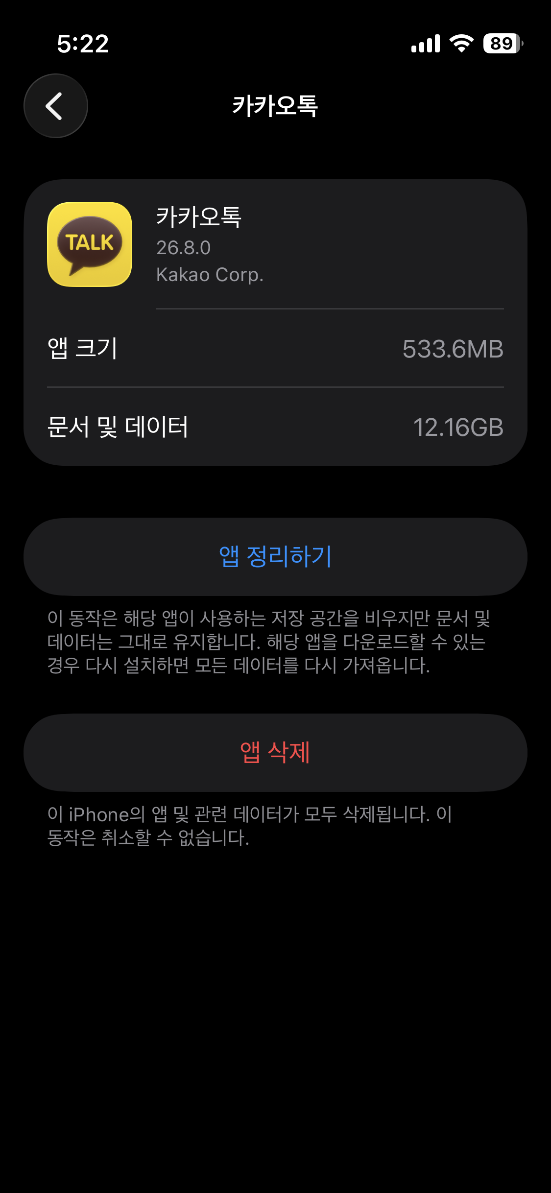 아이폰 카카오톡 저장공간의 앱 크기 533.6MB와 문서 및 데이터 12.16GB, 앱 정리하기와 앱 삭제 버튼