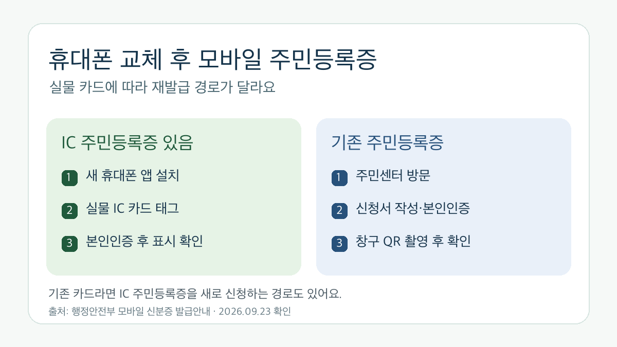 휴대폰 교체 후 모바일 주민등록증 재발급 경로: IC 주민등록증은 새 휴대폰에서 카드 태그, 기존 주민등록증은 주민센터 QR 또는 IC 카드 신청